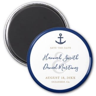 Round nautical save the date magnet with blue anchor and border and modern script