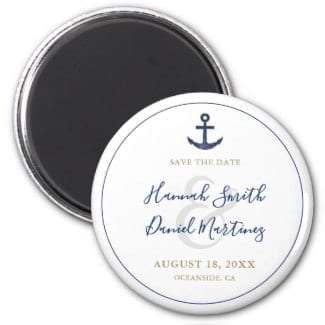 Round nautical save the date magnet with blue anchor and modern typography