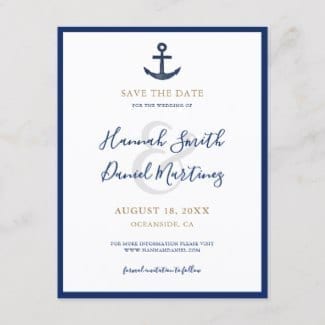 Nautical theme boat wedding save the date postcard in navy blue and gold with anchor