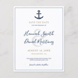 Blue and gold nautical wedding save the date postcard with anchor
