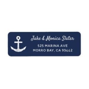 nautical return address label with white anchor and text on a navy blue base