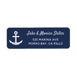 nautical return address label with white anchor and text on a navy blue base