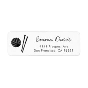 return address label with ball of yarn and knitting needles motif