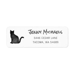 simple black and white return address label with black cat silhouette
