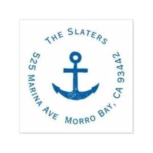 Blue Nautical themed round return address stamp with family name and anchor