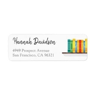 Return address label with a row of colorful books on a shelf
