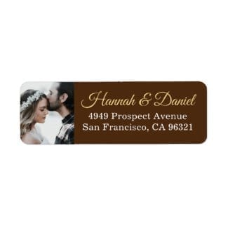 rustic wedding return address label with photo and names in gold on a brown base