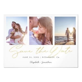 Horizontal gold and white three-photo wedding save the date magnet