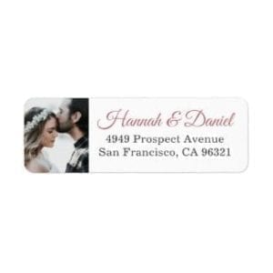 wedding return address label with photo and names in rose gold