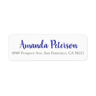 Simple return address label with name in blue with modern script and address in gray