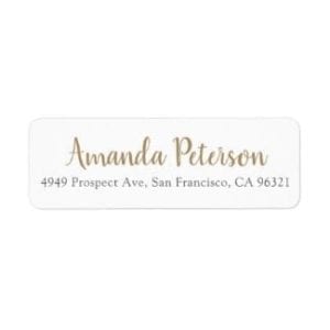 simple return address label with name in gold in modern script and address in gray