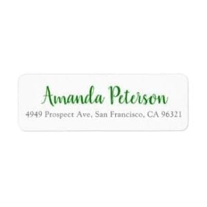 Green and gray return address label with modern script