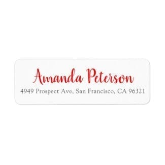 Simple return address label with the name in red in a modern script and address in gray