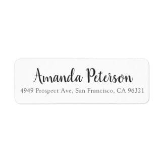return address label with name in simple, modern script and text in gray