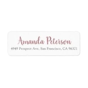return address label with name in rose gold in a modern script and address in gray