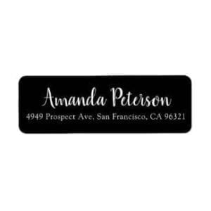 return address label with a black base and name in white modern script