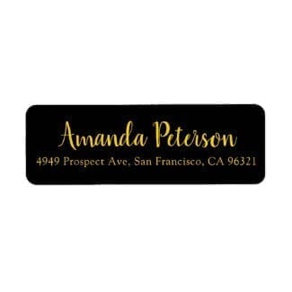 return address label with black base and names in gold script