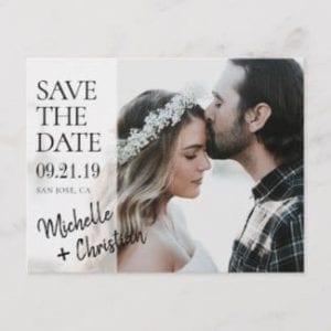 modern wedding save the date horizontal postcard with photo and semi transparent design with black names script