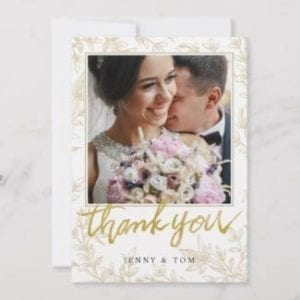 Photo wedding thank you card with gold leaves and modern typography