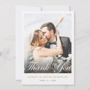 photo wedding thank you flat card with elegant script and gold text