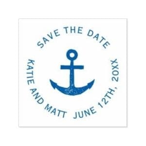 round nautical wedding save the date self-inking stamp with simple, rustic blue anchor
