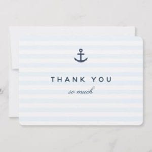 Nautical horizontal thank you flat card with navy blue anchor and stripes