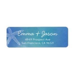 return address label with ocean blue watercolor base and starfish motif