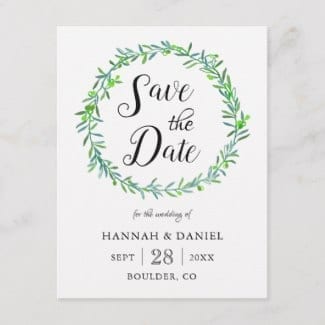Simpple wedding save teh date postcard with green olive wreath