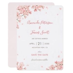 Wedding save the date flat card withpink Japanese sakura cherry blossoms