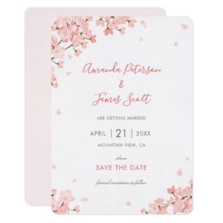Wedding save the date flat card withpink Japanese sakura cherry blossoms