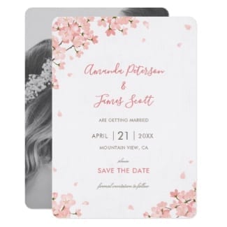 Photo save the date flat card invitation with Japanese cherry blossoms and photo on back