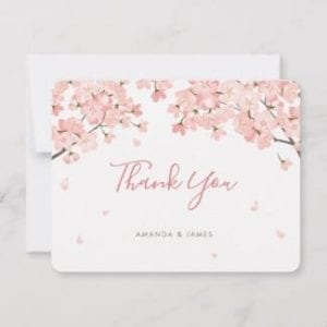 Thank you flat card featuring pink sakura Japanese cherry blossoms and a modern script.