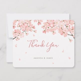 Thank you flat card featuring pink sakura Japanese cherry blossoms and a modern script.