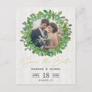 rustic country photo wedding save the date postcard with green watercolor wreath and whitewashed wood motif base