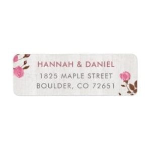 rustic return address label with pink roses on whitewashed wood motif