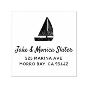 Self-inking return address stamp with simple, rustic sailboat motif