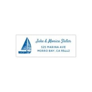 nautical self-inking stamp with simple, rustic blue sailboat