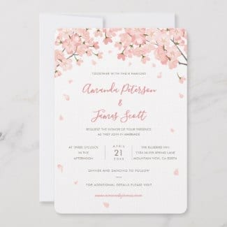 Wedding invitation flat card with pink Japanese sakura cherry blossoms