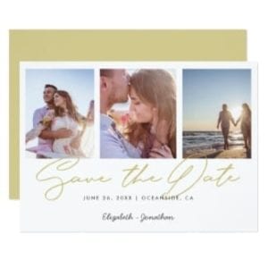 Simple horizontal gold and white three-photo wedding save the date flat card with modern typography
