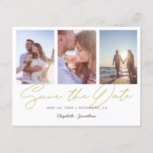 simple modern three photo wedding save the date postcard in gold and white