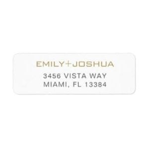 simple modern wedding return address label with names in gold