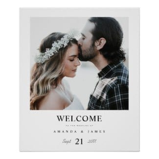 Simple, chic photo wedding welcome sign with white borders
