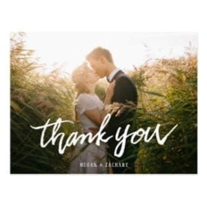 simple photo wedding thank you postcard with modern white typography
