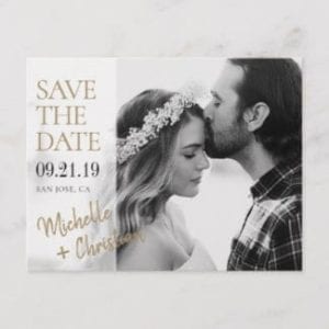 save the date postcard with black and white photo and gold text