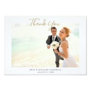 flat wedding thank you card with photo and gold script