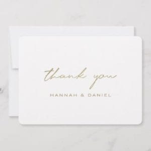 simple flat wedding thank you card with modern gold script