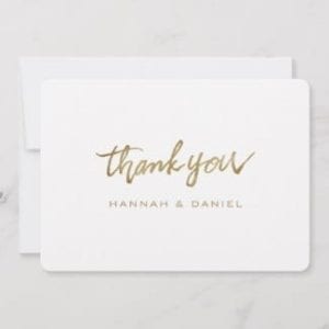 simple wedding thank you flat card with modern script in gold