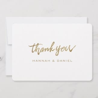 simple wedding thank you flat card with modern script in gold