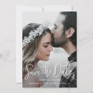 Simple modern photo wedding save the date flat card with white script