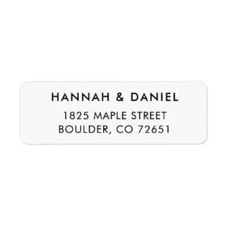 Wedding return address label in black and white with simple, modern font.